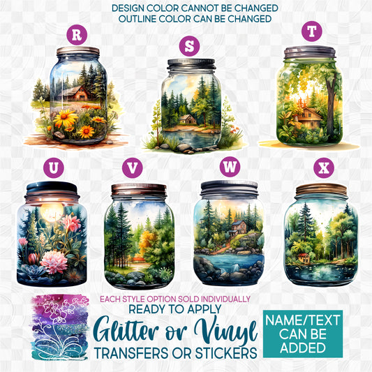 (s254-1) Watercolor Summer Forest Cabin View Landscape Mason Jars Glitter or Vinyl Iron-On Transfer or Sticker