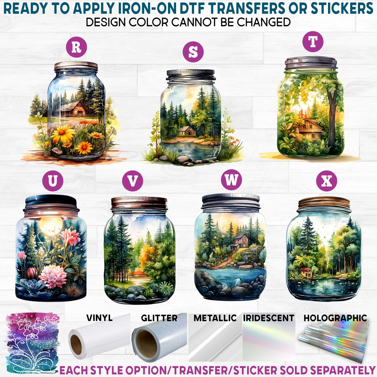 (s254-1) Watercolor Summer Forest Cabin View Landscape Mason Jars Printed Heat Transfer or Sticker