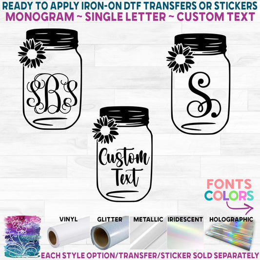 (s254-2C) Mason Jar Sunflower Monogram Custom Text