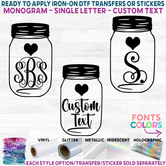 (s254-2D) Mason Jar Heart Monogram Custom Text