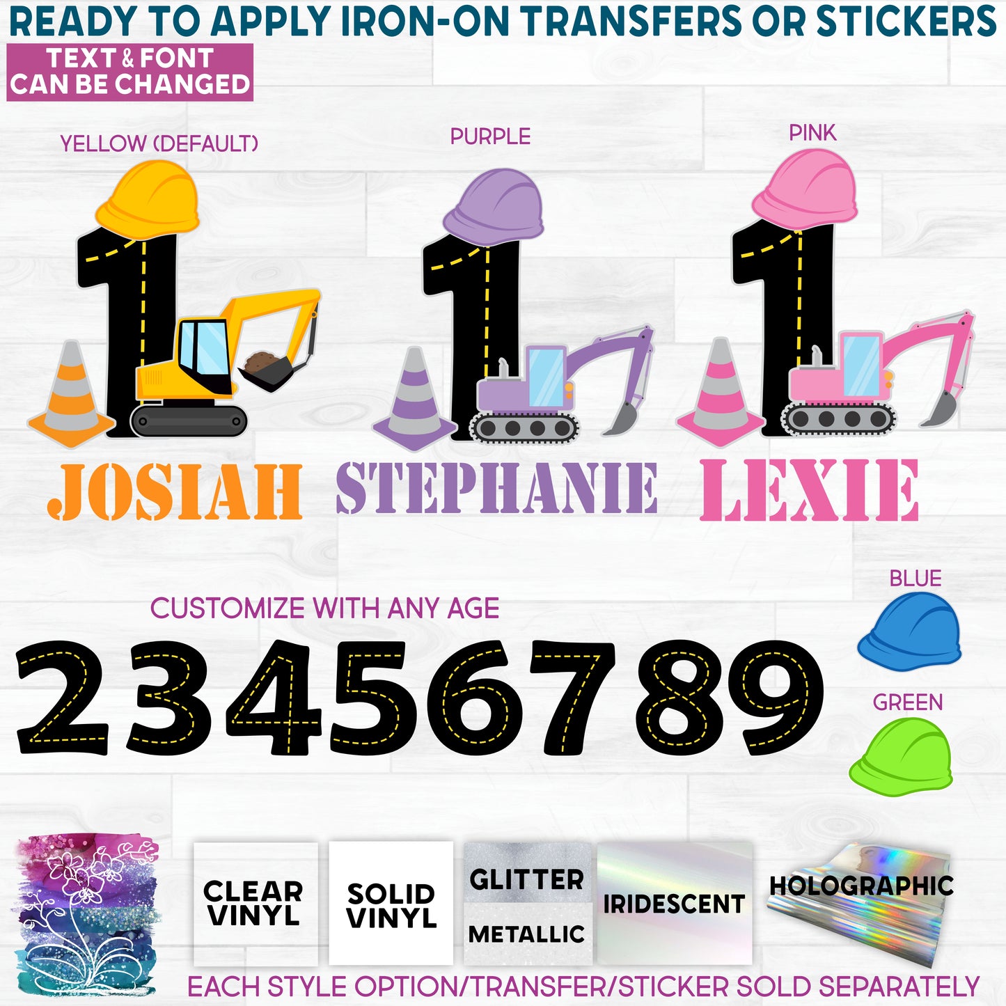 SBS-259-2C Construction Name Age 1 2 3 4 5 6 Custom Text Yellow Pink Purple Made-to-Order Iron-On Transfer or Sticker