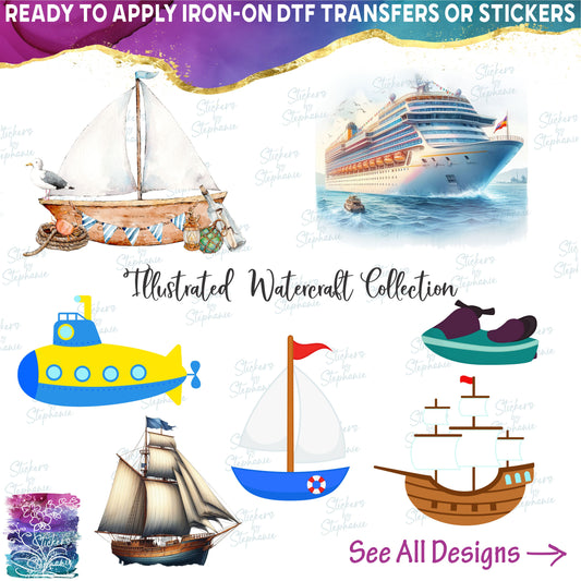 (s259) Illustrated Watercolor Cartoon Watercraft Collection
