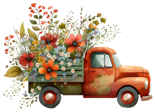 (260-2) Red Vintage Truck with Flowers