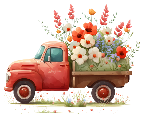 (260-2) Red Vintage Truck with Flowers