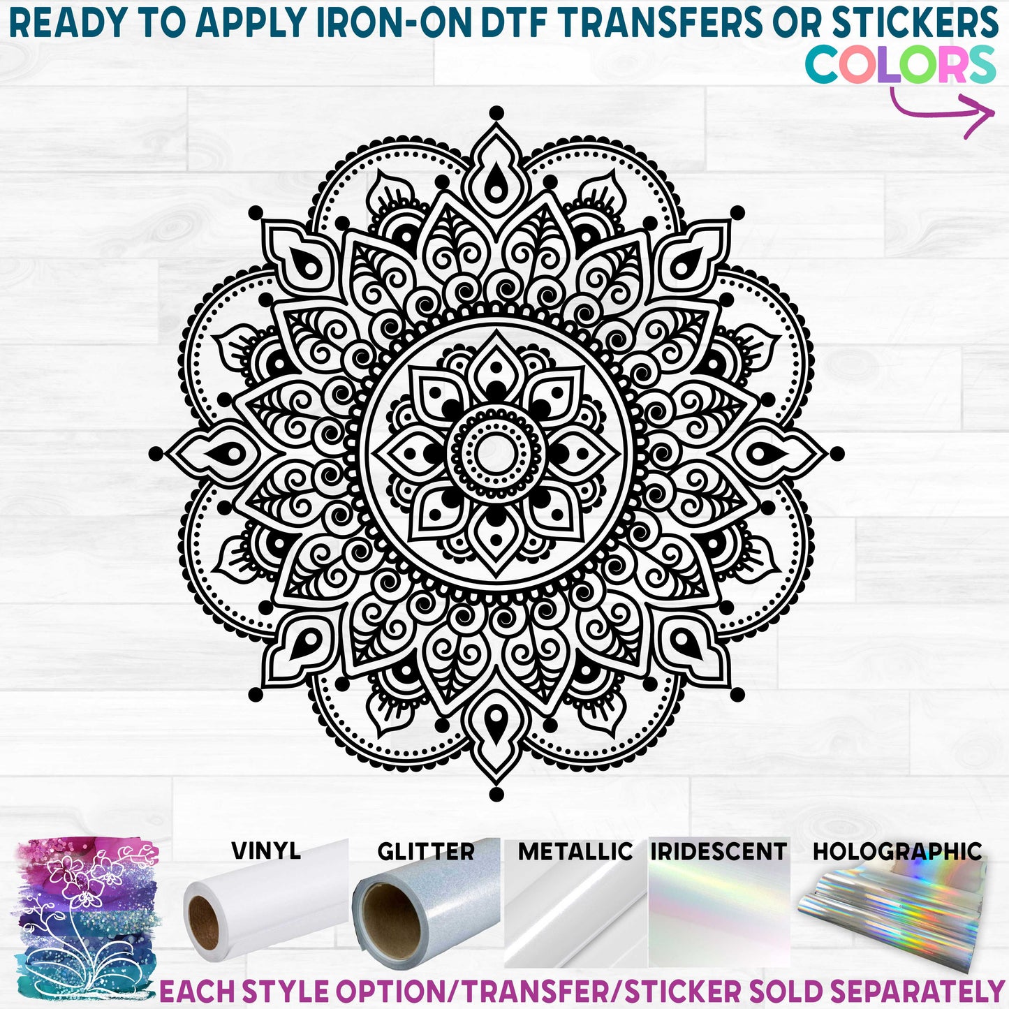 (s263-1A) Mandala Lace Flower Printed Heat Transfer or Sticker