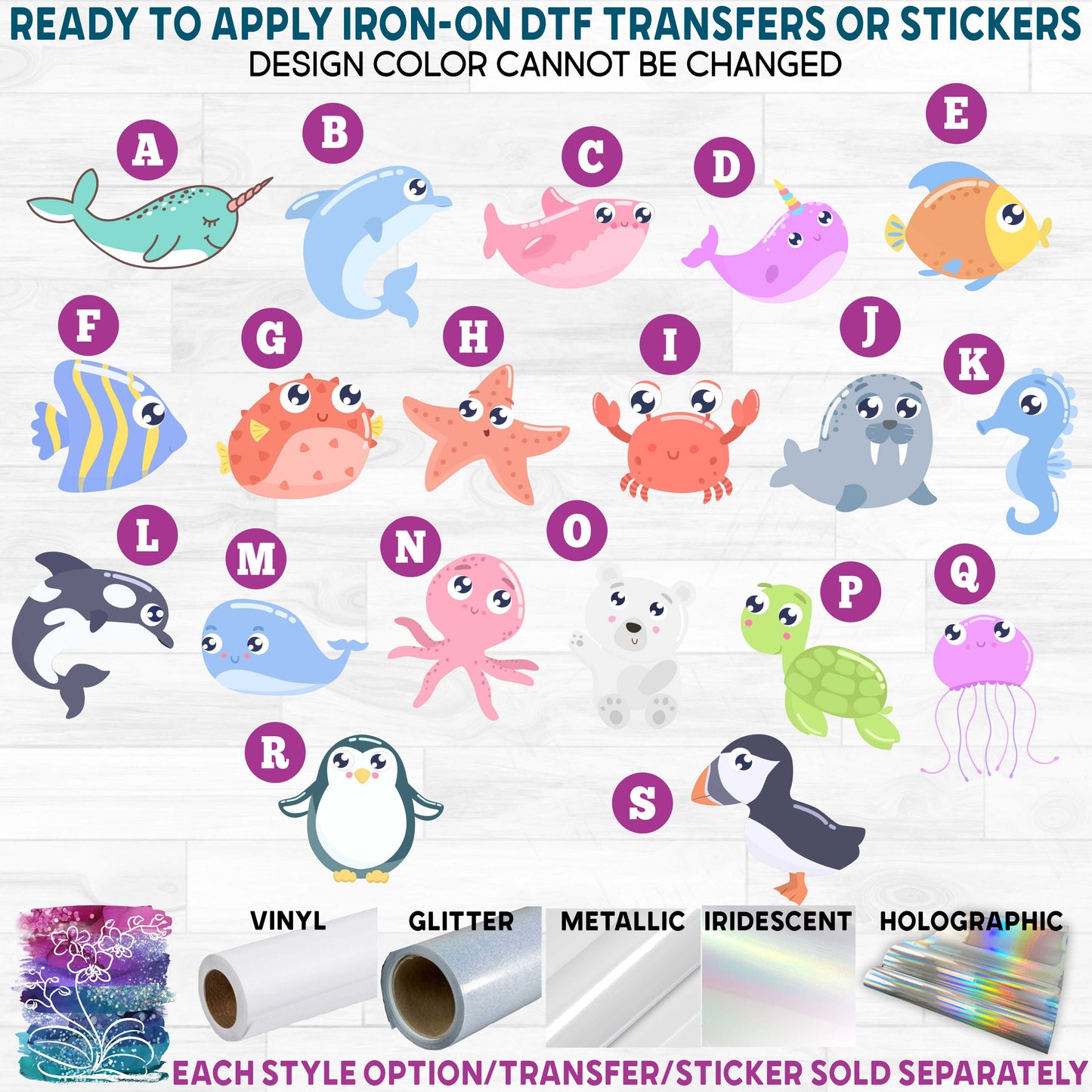 (s265) Cute Animals Sea Creatures Printed Heat Transfer or Sticker