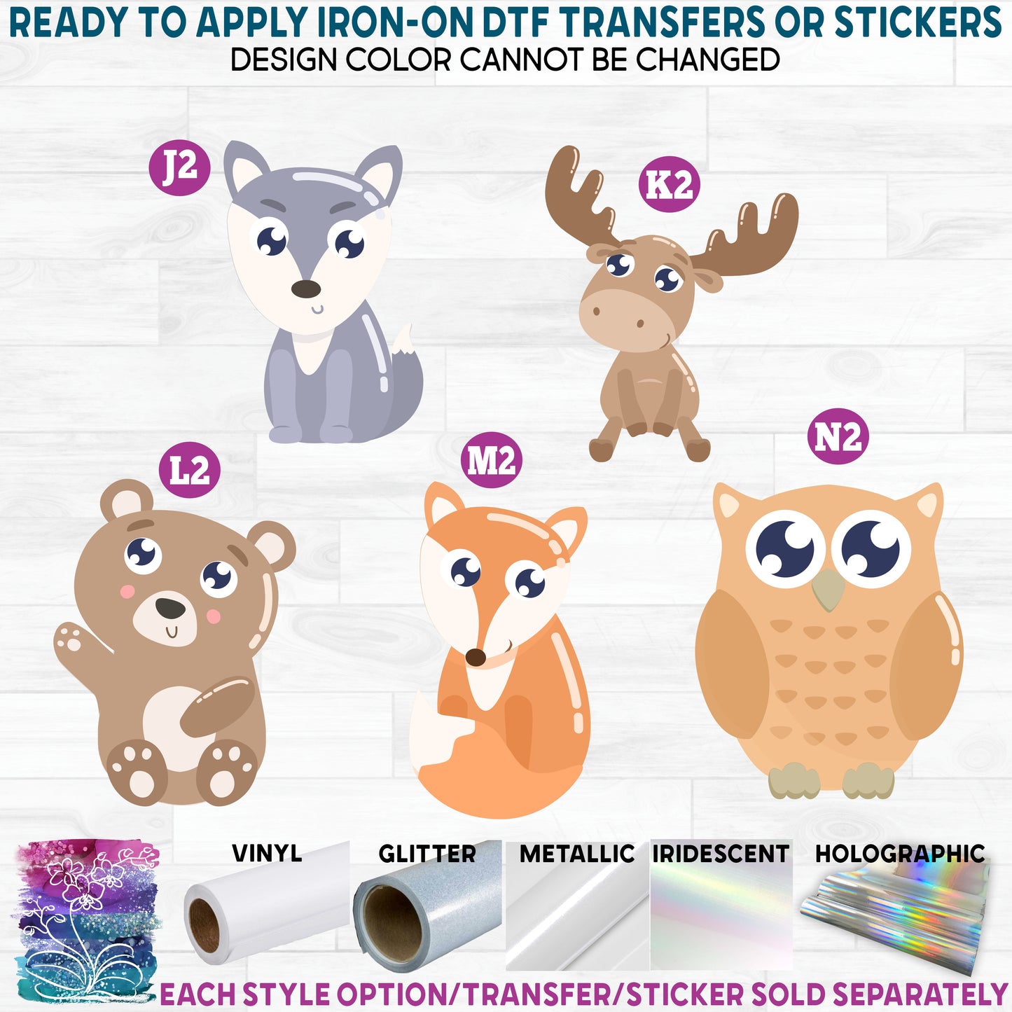 (s265) Cute Animals Watercolor Print Forest Moose Wolf Fox Bear Owl Printed Heat Transfer or Sticker