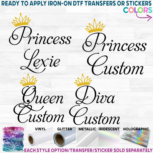 (s266-6F) Princess Tiara Custom Name Printed Heat Transfer or Sticker