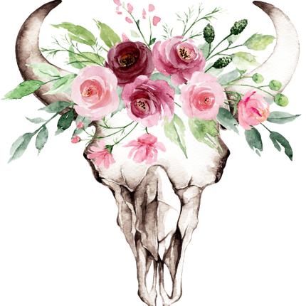 (s267-3-A) Cow Skull Pink Burgundy Roses