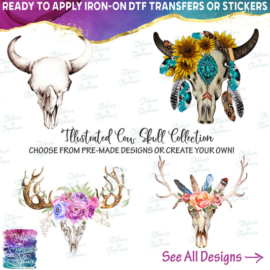 (s267-1) Cow Skull with and without Flowers Watercolor Collection Pre-Made Designs or Create Your Own