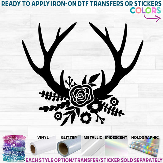 (s026-1S) Floral Flower Deer Antlers Printed Heat Transfer or Sticker