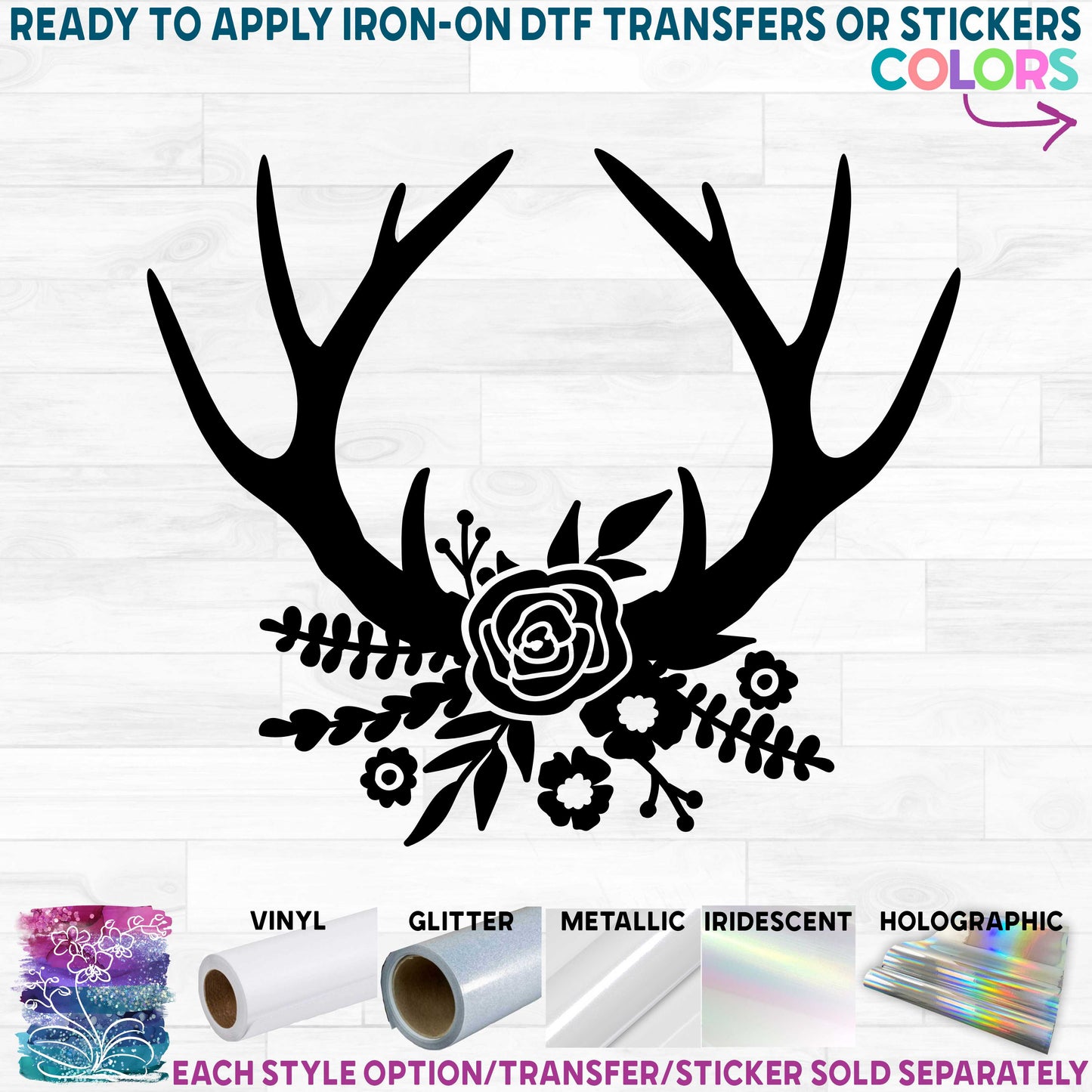 (s026-1S) Floral Flower Deer Antlers Printed Heat Transfer or Sticker