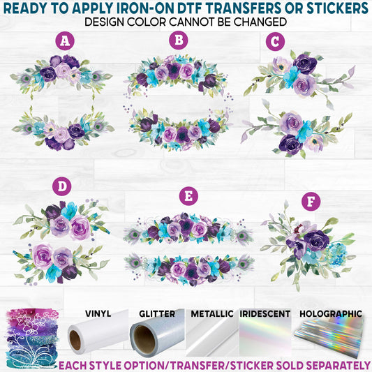 (s270-14) Purple Turquoise Watercolor Flowers Printed Heat Transfer or Sticker