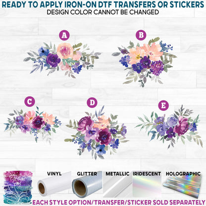 (s270-15) Purple Apricot Watercolor Flowers Printed Heat Transfer or Sticker