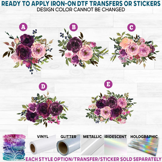 (s270-17) Plum Blush Watercolor Flowers Printed Heat Transfer or Sticker