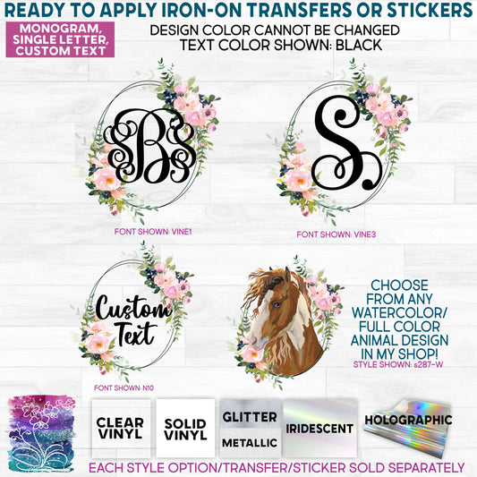 SBS-270-18F Monogram Pink Blush Floral Flowers Watercolor Made-to-Order Iron-On Transfer or Sticker