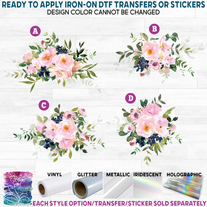 (s270-18) Pink Watercolor Flowers Printed Heat Transfer or Sticker