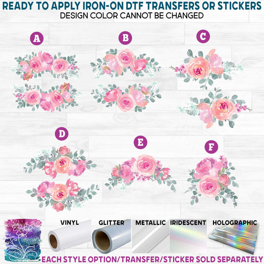 (s270-19) Pink Watercolor Flowers Printed Heat Transfer or Sticker