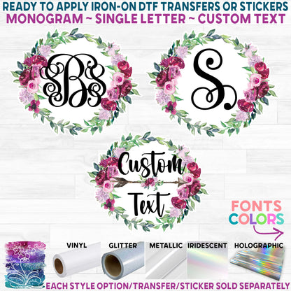 (s270-01D) Monogram Marsala Burgundy Floral Flowers Watercolor Printed Heat Transfer or Sticker