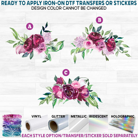 (s270-01) Marsala Burgundy Watercolor Flowers Printed Heat Transfer or Sticker