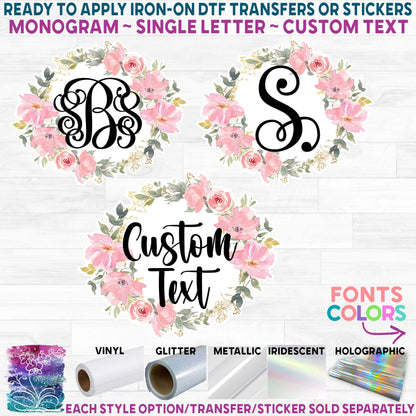 (s270-20I) Monogram Gold Blush Pink Floral Flowers Watercolor Printed Heat Transfer or Sticker