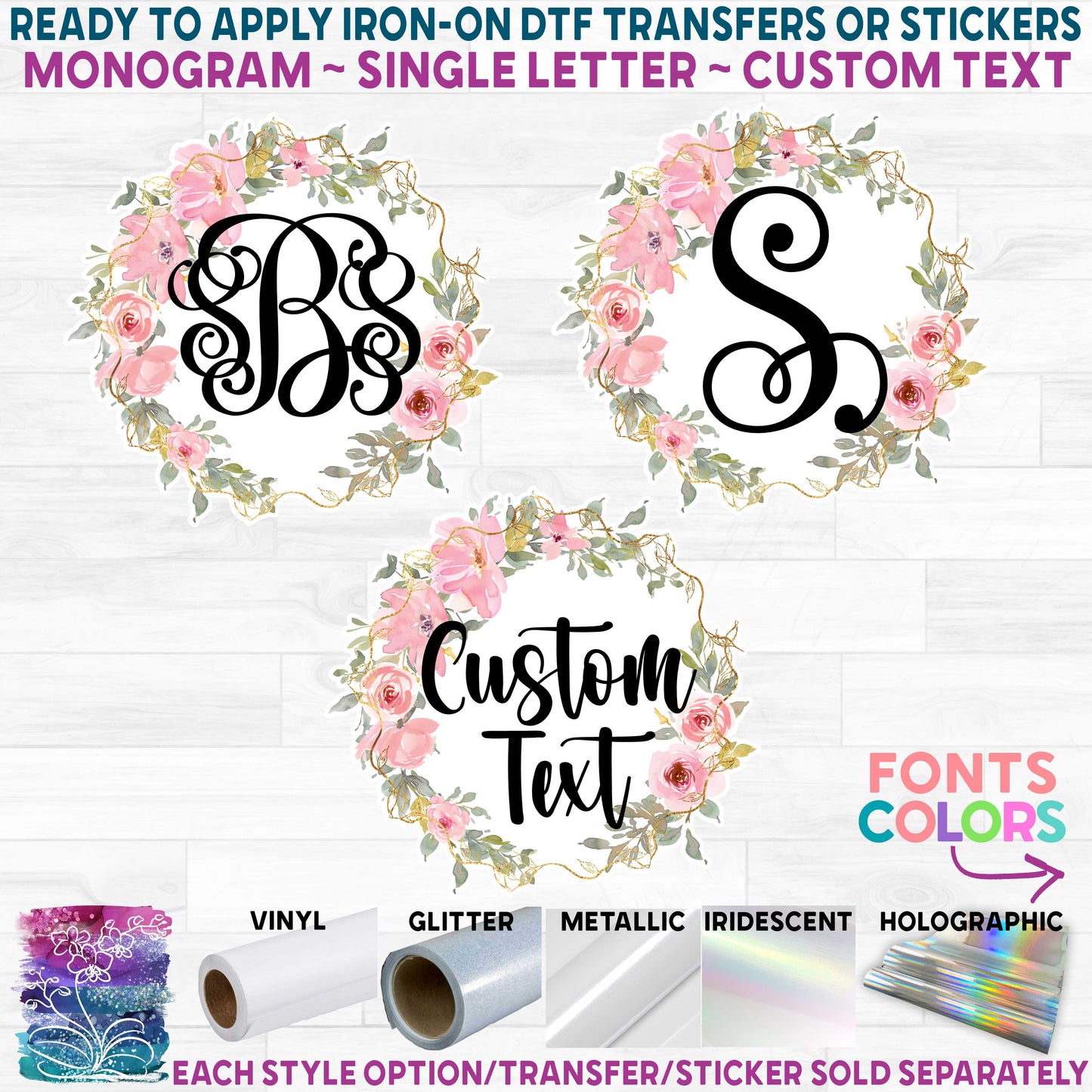 (s270-20J) Monogram Gold Blush Pink Floral Flowers Watercolor Printed Heat Transfer or Sticker