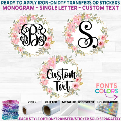 (s270-20J) Monogram Gold Blush Pink Floral Flowers Watercolor Printed Heat Transfer or Sticker