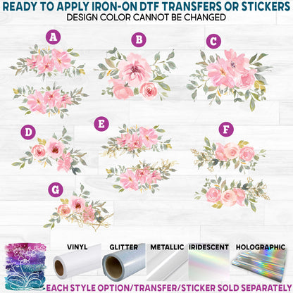 (s270-20) Blush Pink Gold Watercolor Flowers Cow Skull Antlers Arrow Printed Heat Transfer or Sticker