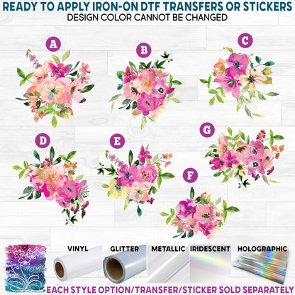 (s270-21) Magenta Blush Lemon Watercolor Flowers Printed Heat Transfer or Sticker