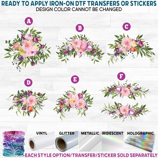 (s270-22) Pink Peony Watercolor Flowers Printed Heat Transfer or Sticker