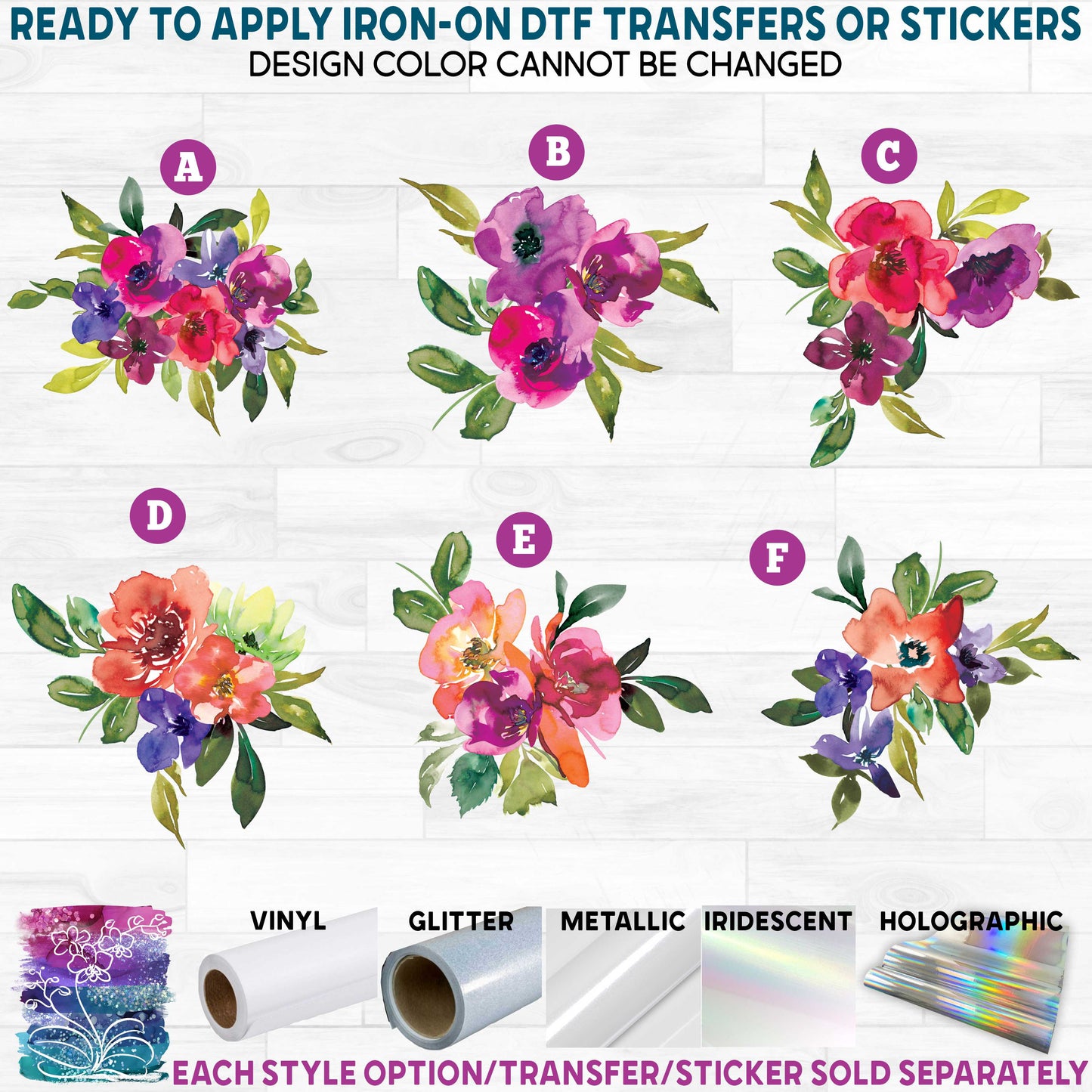 (s270-23) Vibrant Pink Purple Watercolor Flowers Printed Heat Transfer or Sticker