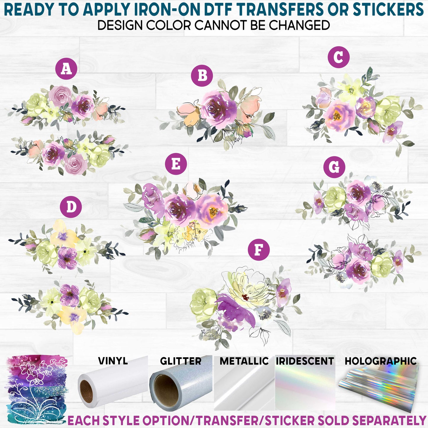 (s270-24) Lemon Purple Watercolor Flowers Printed Heat Transfer or Sticker