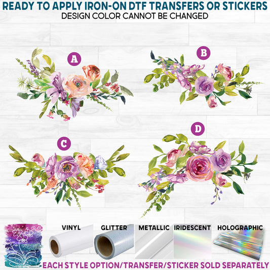 (s270-27) Peach Pink Purple Watercolor Flowers Printed Heat Transfer or Sticker