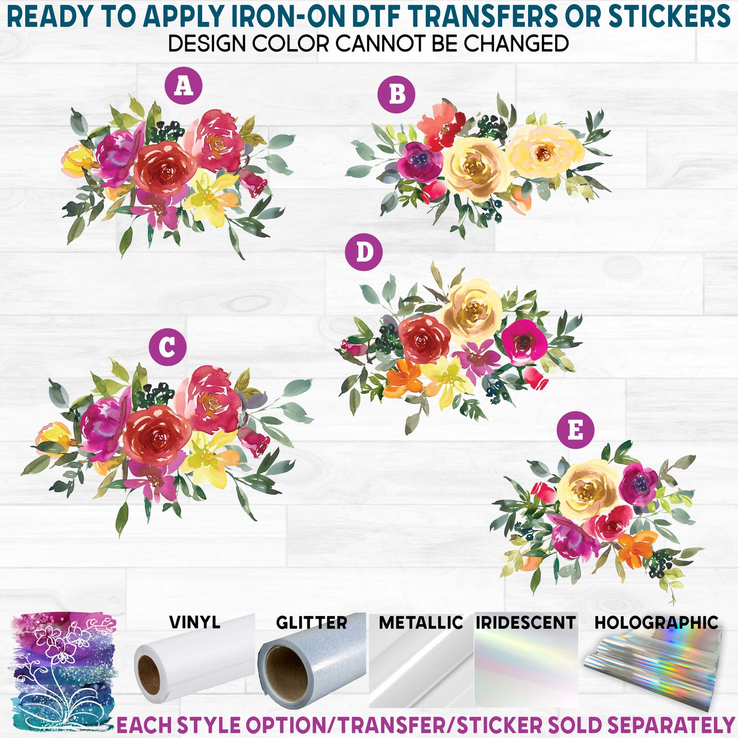 (s270-29) Lemon Magenta Watercolor Flowers Printed Heat Transfer or Sticker