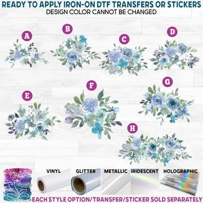 (s270-32) Aqua Laurel Green Watercolor Flowers Printed Heat Transfer or Sticker