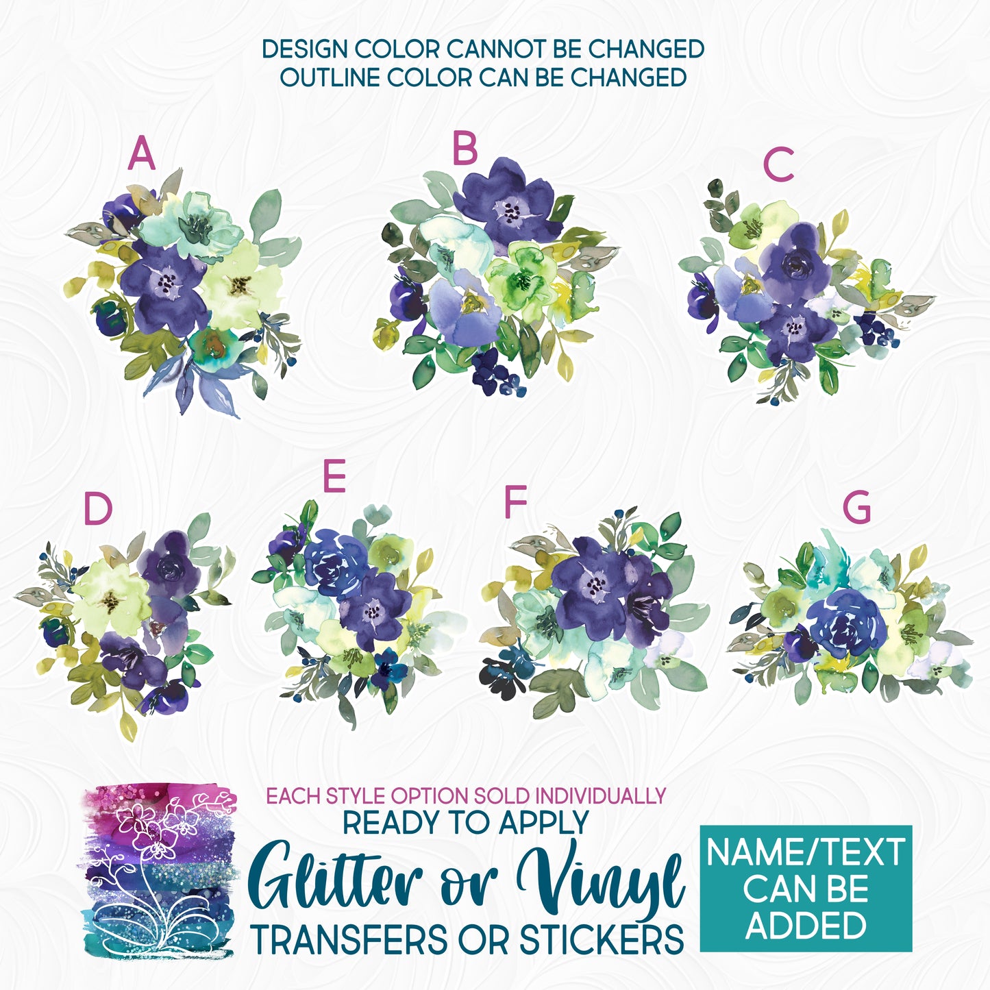 (s270-33) Purple Aqua Watercolor Flowers Glitter or Vinyl Iron-On Transfer or Sticker