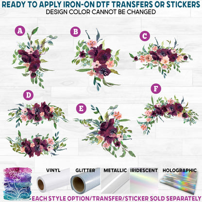 (s270-35) Burgundy Peach Watercolor Flowers Printed Heat Transfer or Sticker