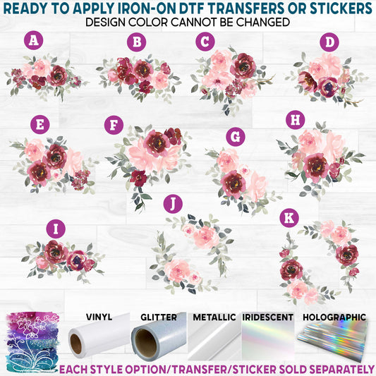 (s270-37) Blush Burgundy Watercolor Flowers Printed Heat Transfer or Sticker