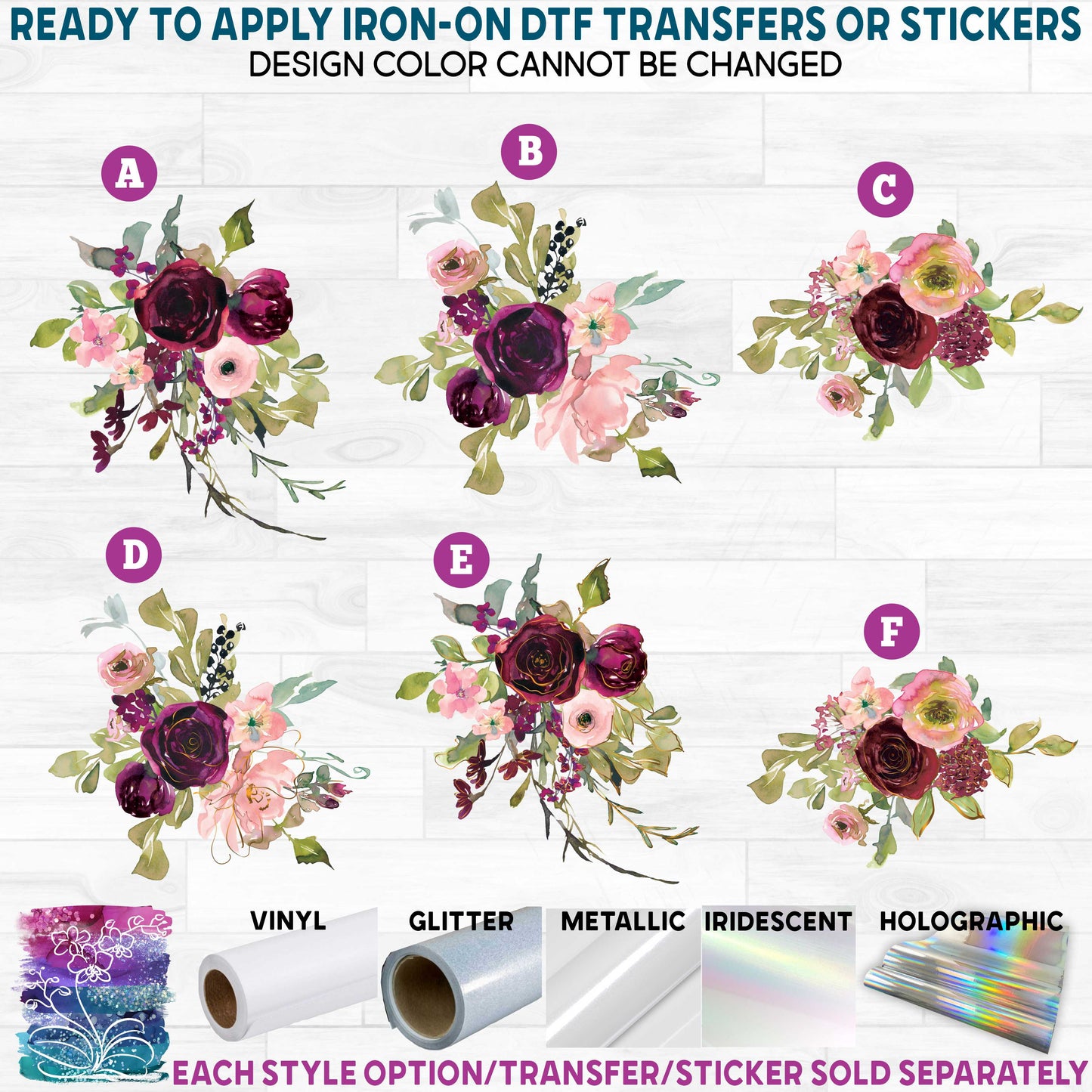 (s270-38) Blush Burgundy Gold Watercolor Flowers Printed Heat Transfer or Sticker