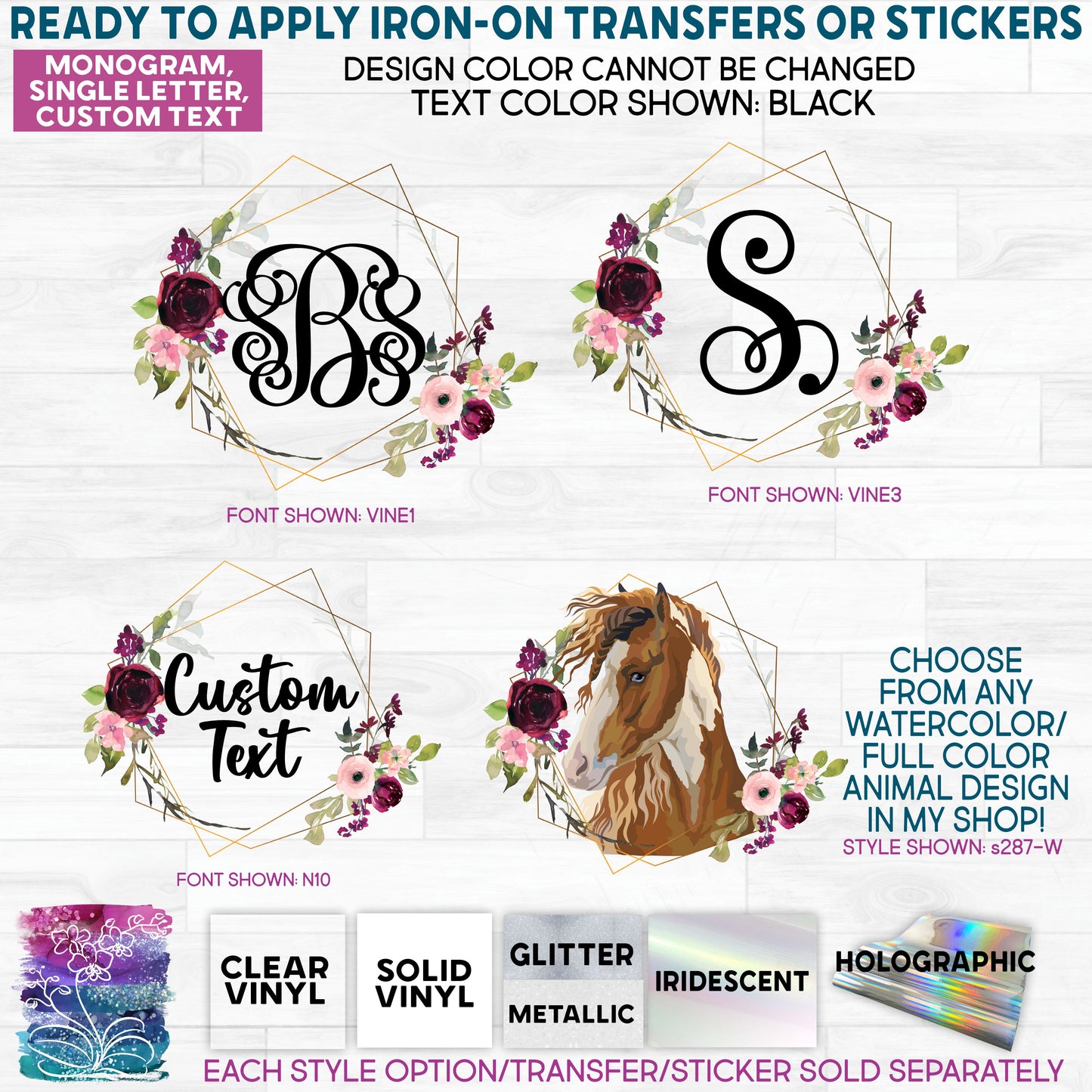 (s270-38G) Burgundy Gold Watercolor Flowers Monogram Ready to Apply Iron-On Transfer or Sticker