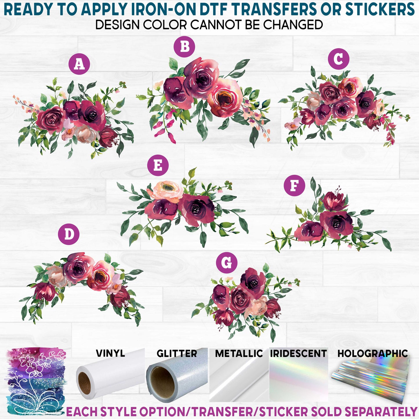 (s270-39) Maroon Rose Watercolor Flowers Printed Heat Transfer or Sticker