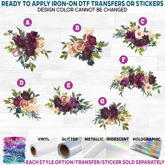 (s270-40) Wine Blush Watercolor Flowers Printed Heat Transfer or Sticker