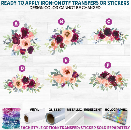 (s270-41) Wine Blush Watercolor Flowers Printed Heat Transfer or Sticker