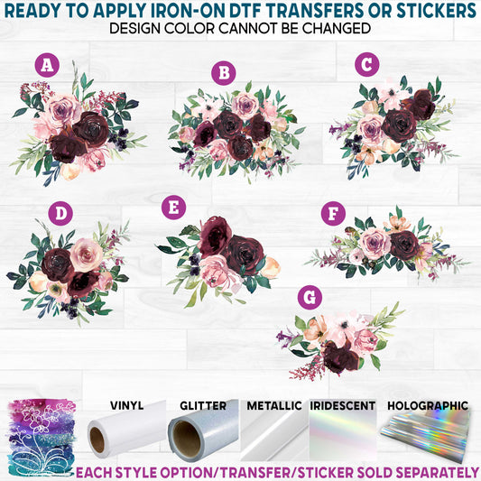 (s270-42) Wine Peach Watercolor Flowers Printed Heat Transfer or Sticker