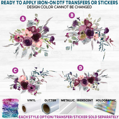 (s270-44) Burgundy Peach Watercolor Flowers Printed Heat Transfer or Sticker