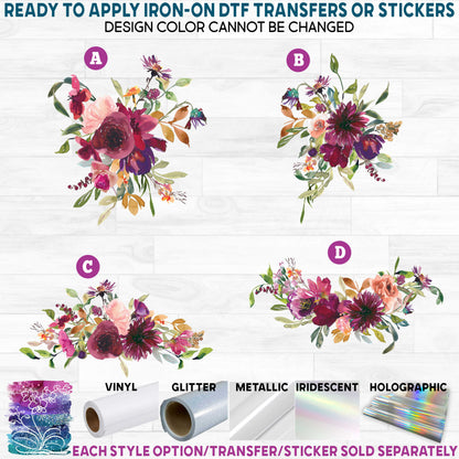 (s270-45) Burgundy Pink Watercolor Flowers Printed Heat Transfer or Sticker