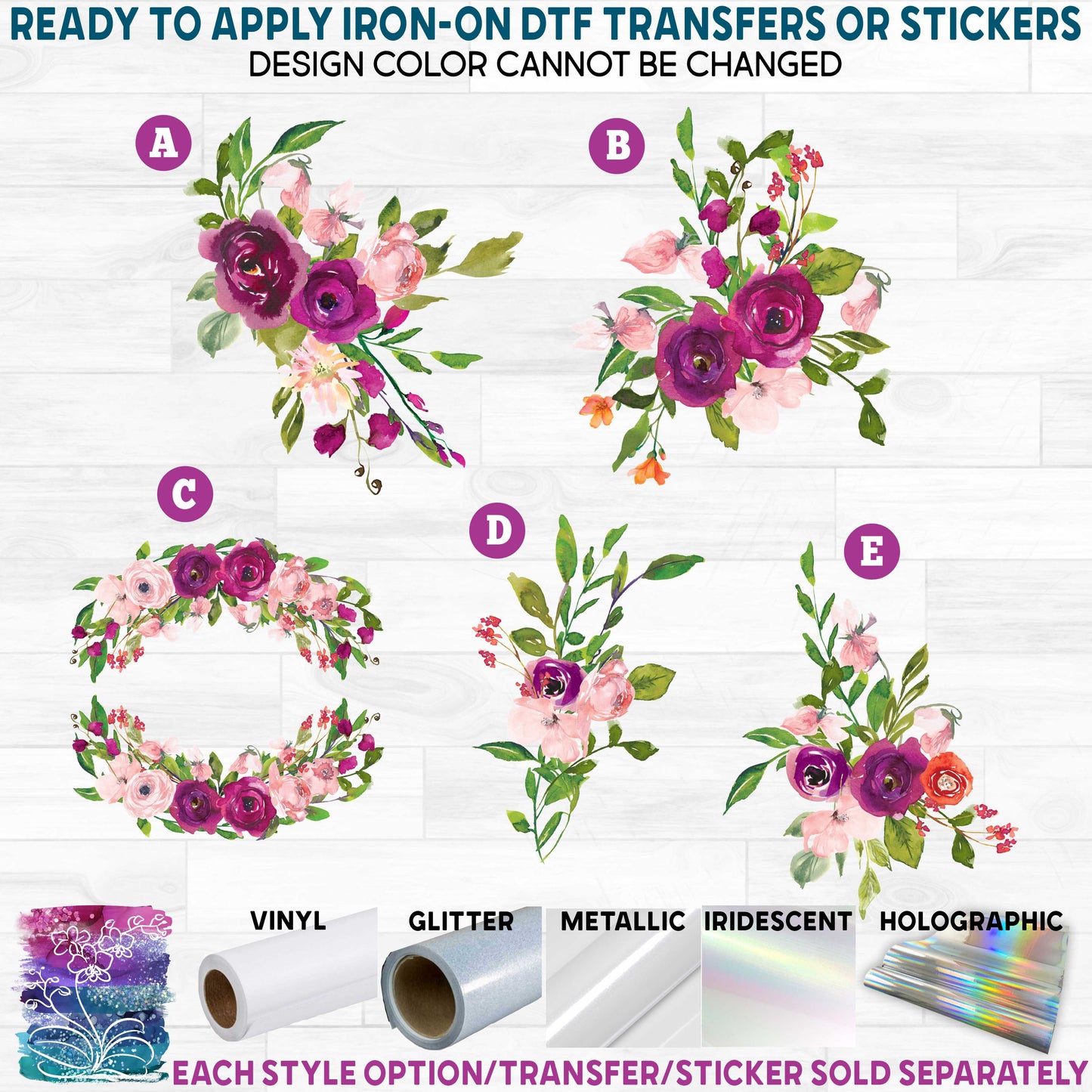 (s270-46) Burgundy Pink Watercolor Flowers Printed Heat Transfer or Sticker