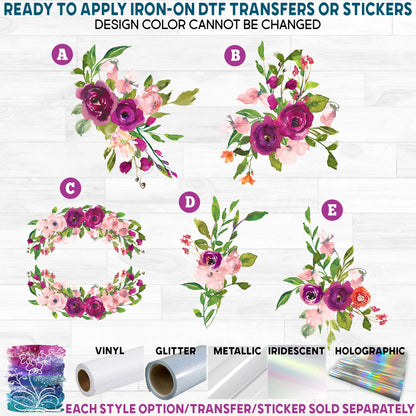 (s270-46) Burgundy Pink Watercolor Flowers Printed Heat Transfer or Sticker