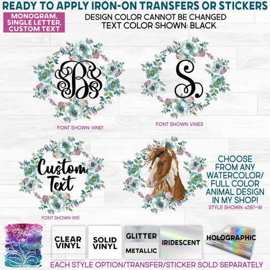 SBS-270-47J Mint & Pink Watercolor Floral Monogram Made-to-Order Iron-On Transfer or Sticker