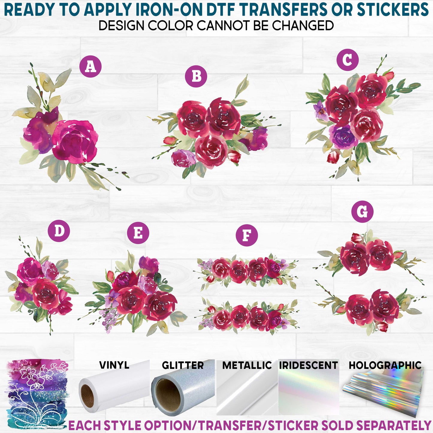 (s270-04) Red Rose Watercolor Flowers Printed Heat Transfer or Sticker